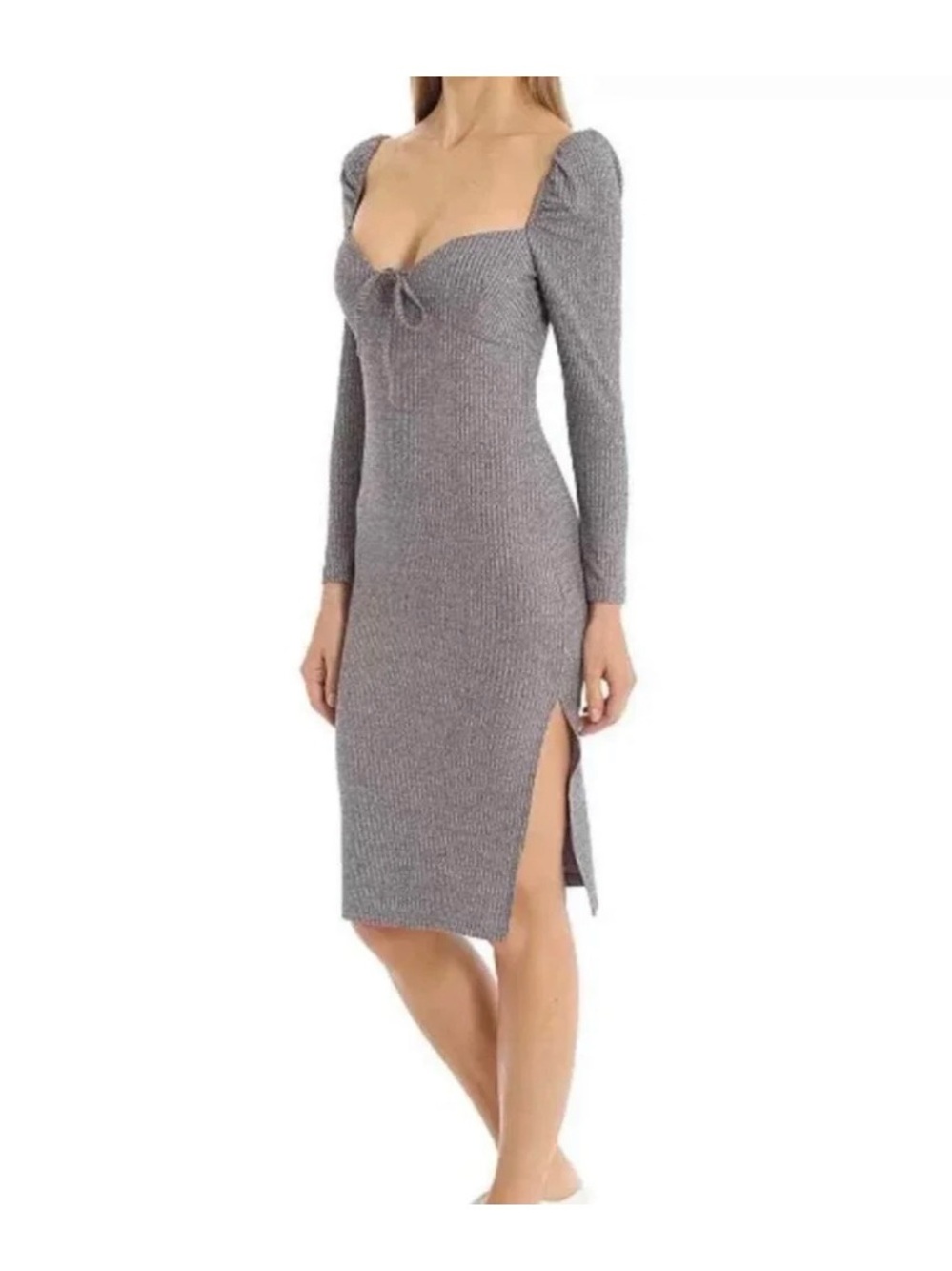 NWT 🆕 Avec Les Filles Rib Knit Prairie Dress, Grey Midi, Long Sleeves size S